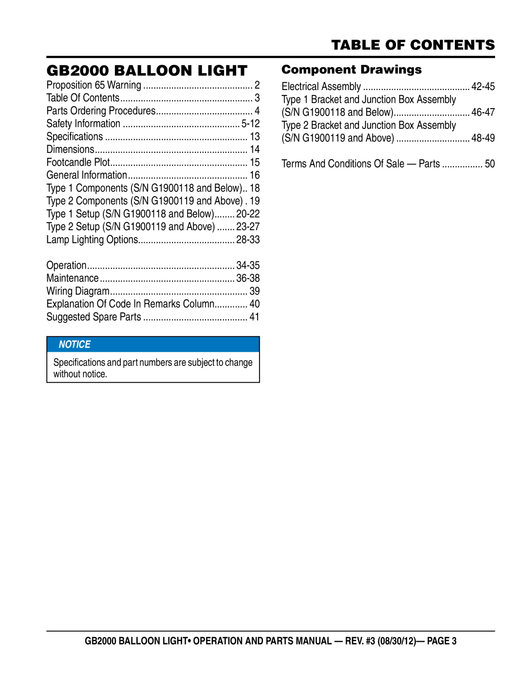 Multiquip manual GB2000 Balloon Light, Table of Contents 