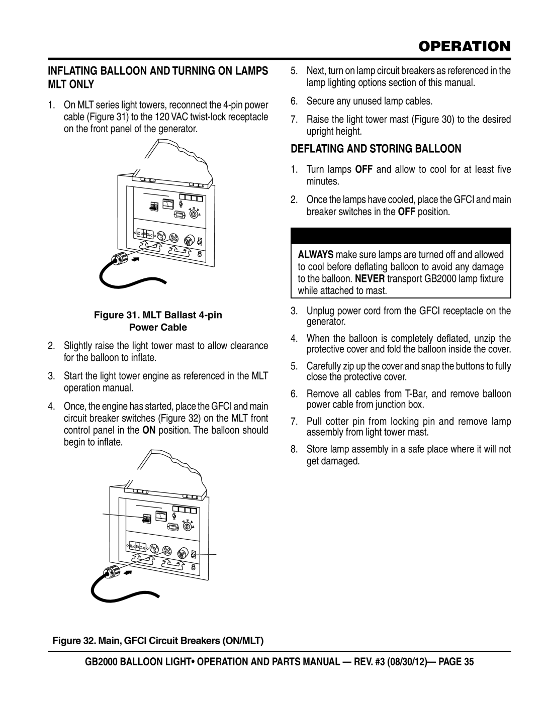 Multiquip GB2000 manual Inflating Balloon and Turning on LAMPs mlt only, Deflating and storing balloon 