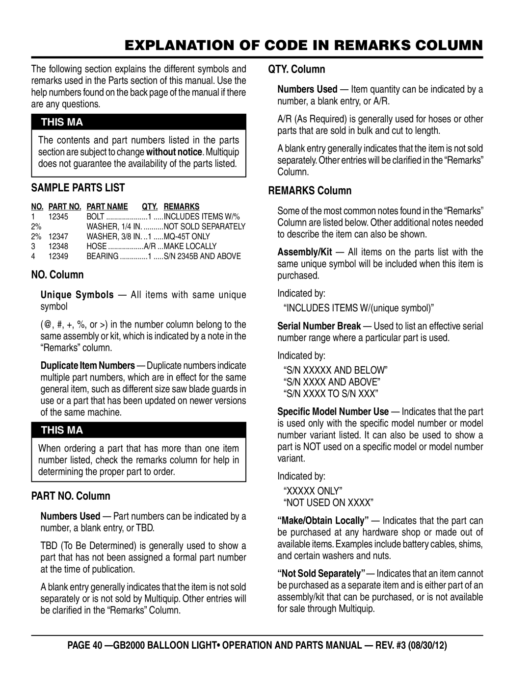 Multiquip GB2000 manual Explanation of Code in Remarks Column 