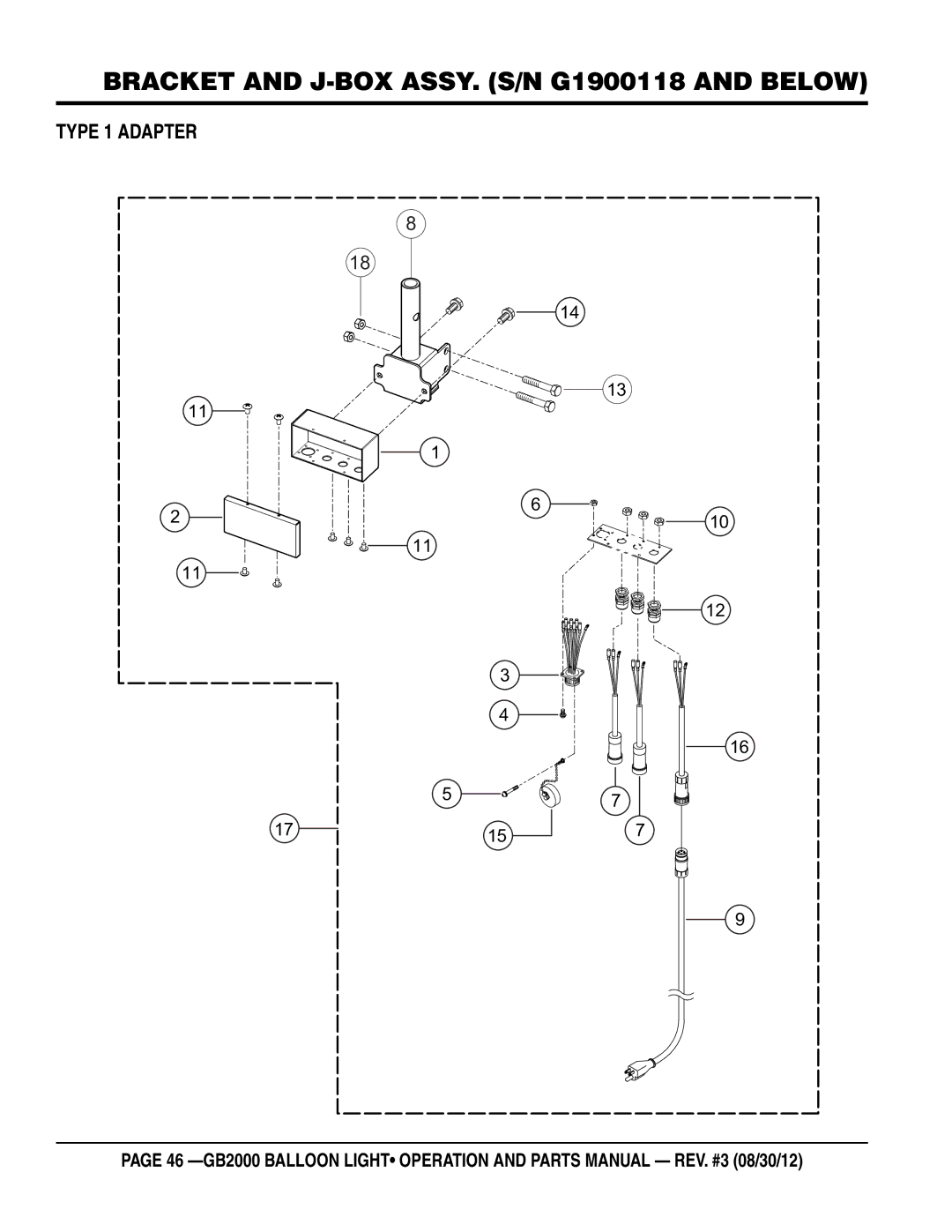 Multiquip GB2000 manual Bracket and J-BOX assy. S/N G1900118 and below 