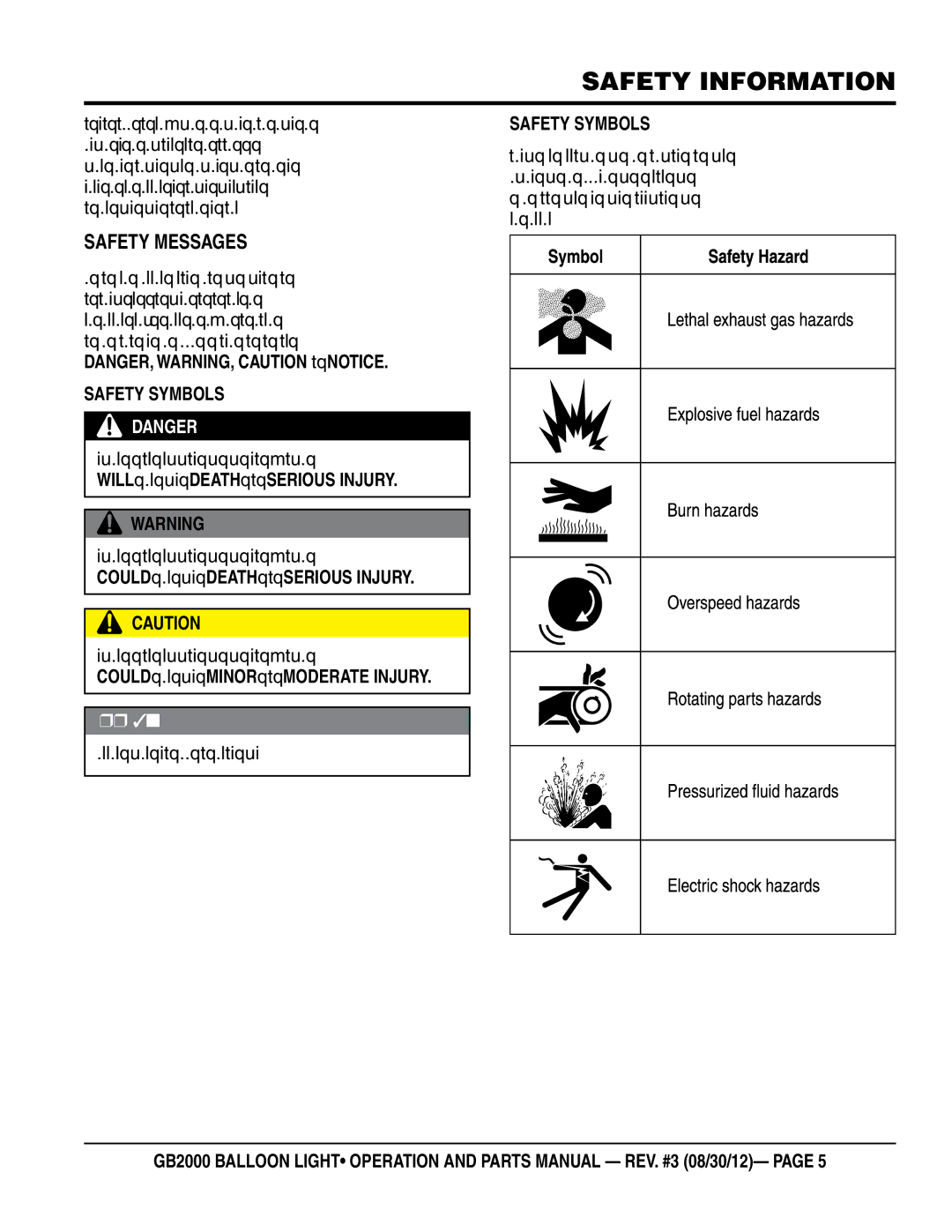 Multiquip GB2000 manual Safety information, SaFeTy messages 