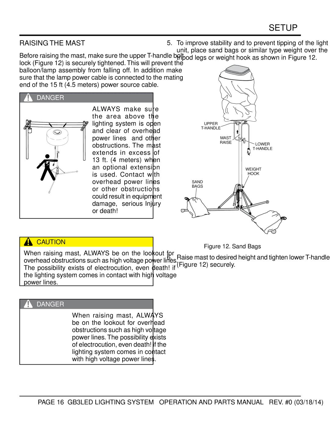 Multiquip GB3LED manual Raising the Mast, Sand Bags 
