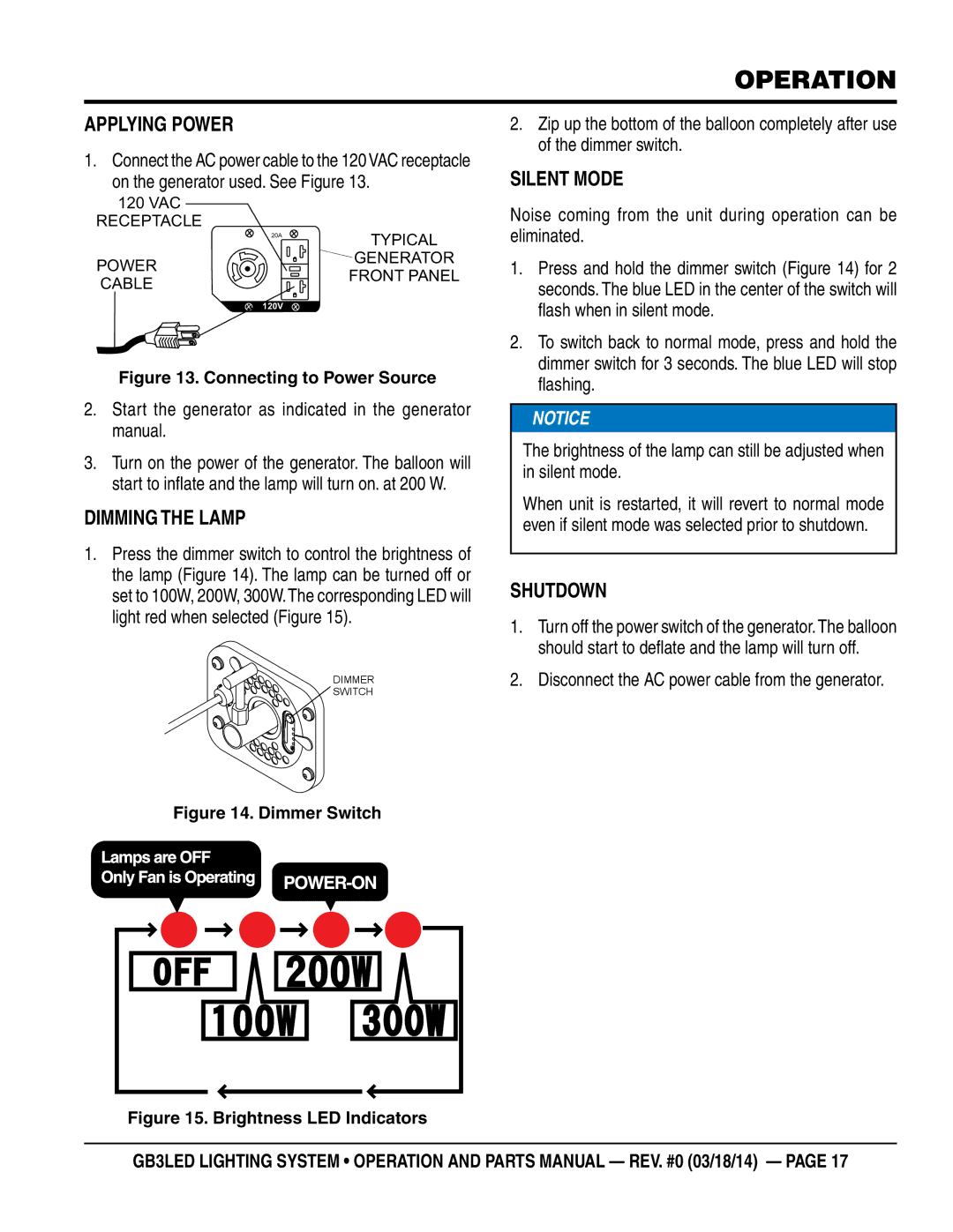 Multiquip GB3LED manual Operation, Applying Power, Dimming the Lamp, Silent Mode, Shutdown 