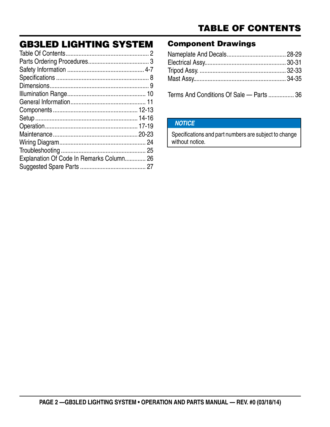 Multiquip manual GB3LED Lighting System, Table of Contents 