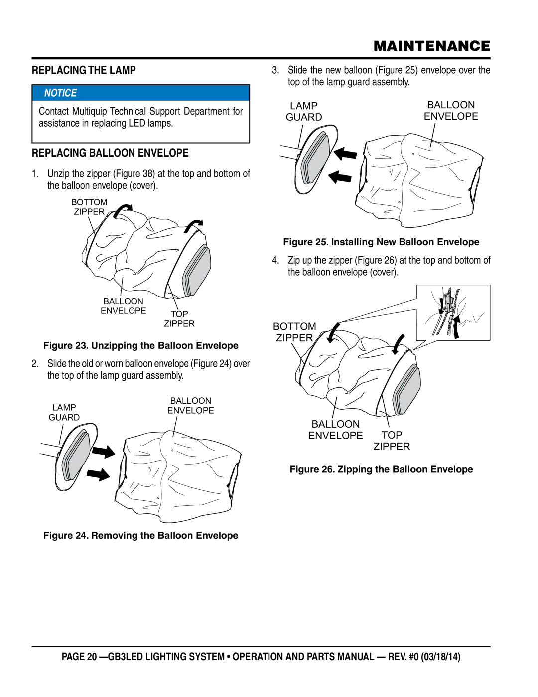 Multiquip GB3LED manual Maintenance, Replacing the Lamp, Replacing Balloon Envelope 
