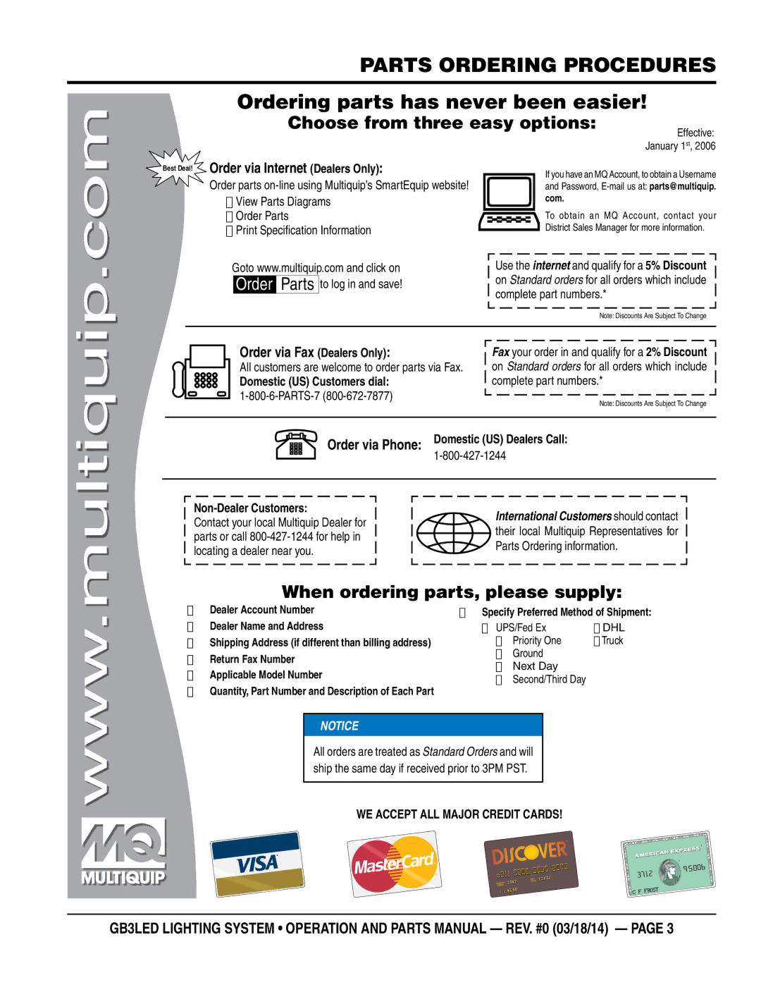 Multiquip GB3LED manual Parts Ordering Procedures, Ordering parts has never been easier 