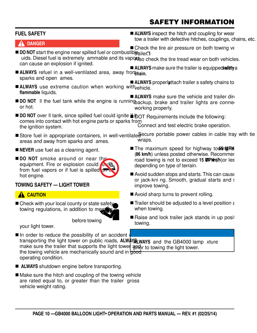 Multiquip GB4000 manual Fuel Safety, Towing Safety Light Tower 