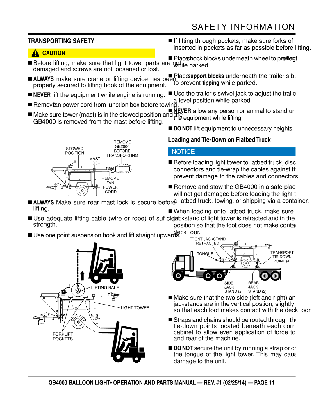 Multiquip GB4000 manual Transporting Safety,  Never lift the equipment while engine is running 