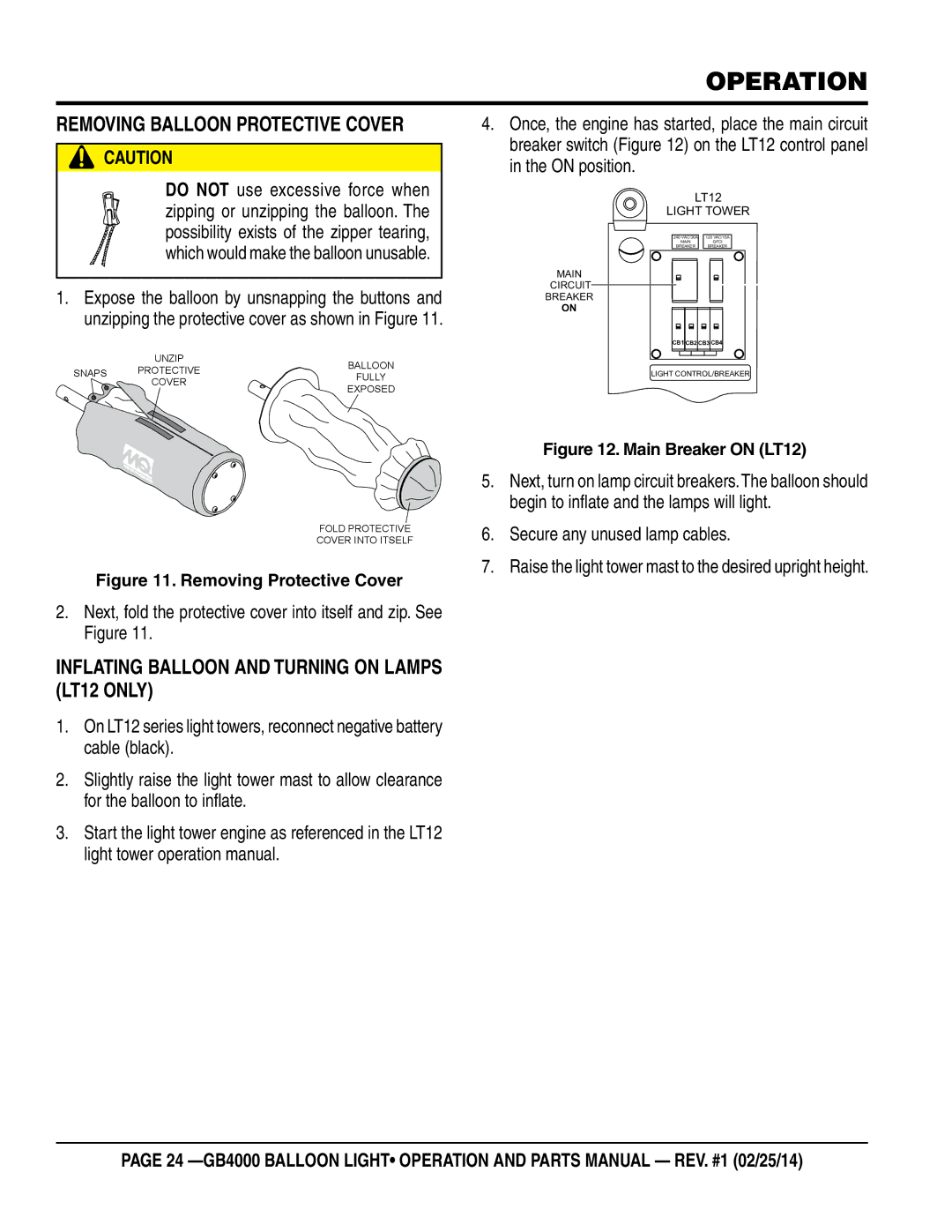 Multiquip GB4000 manual Operation, Removing Balloon Protective Cover, Inflating Balloon and Turning on Lamps LT12 only 