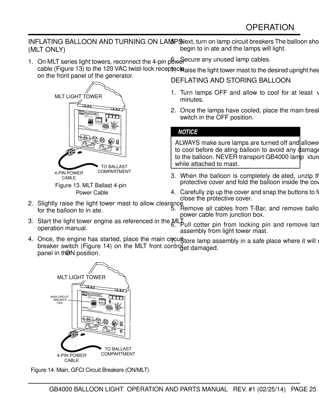 Multiquip GB4000 manual Inflating Balloon and Turning on Lamps MLT only, Deflating and Storing Balloon 