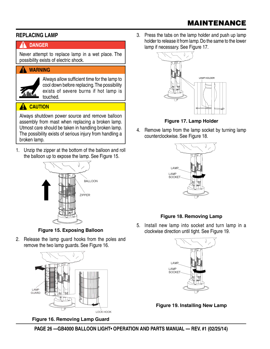 Multiquip GB4000 manual Maintenance, Replacing Lamp, Caution 