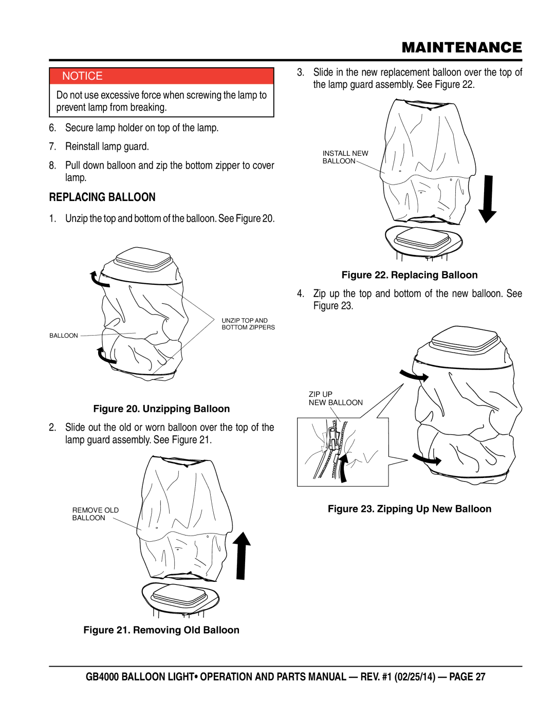 Multiquip GB4000 manual Replacing Balloon, Unzipping Balloon 