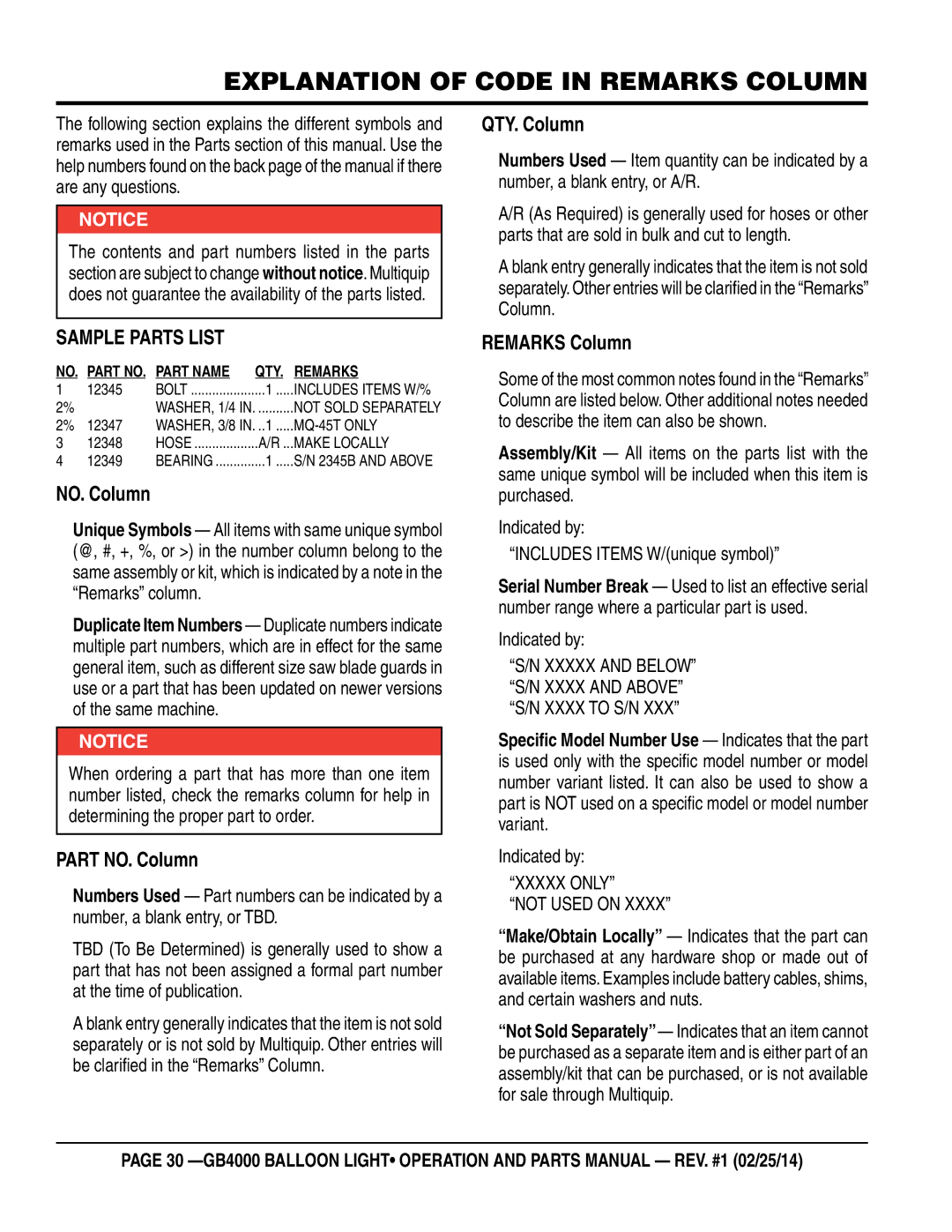 Multiquip GB4000 manual Explanation of Code in Remarks Column, Sample Parts List 