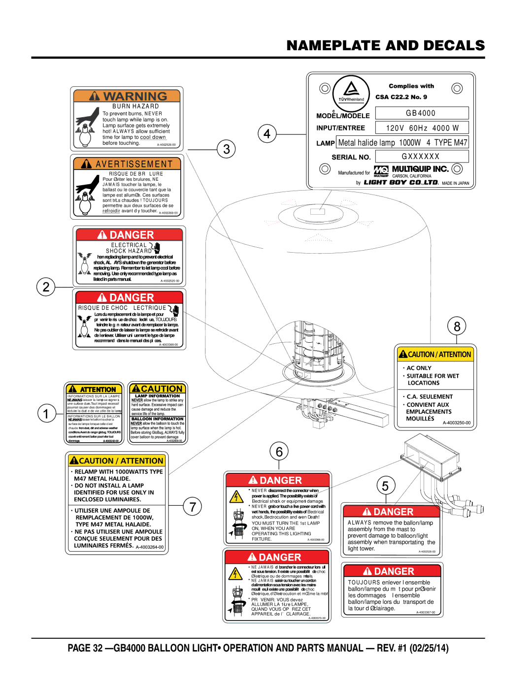 Multiquip GB4000 manual Nameplate and Decals, 120V 60Hz 4000 W 