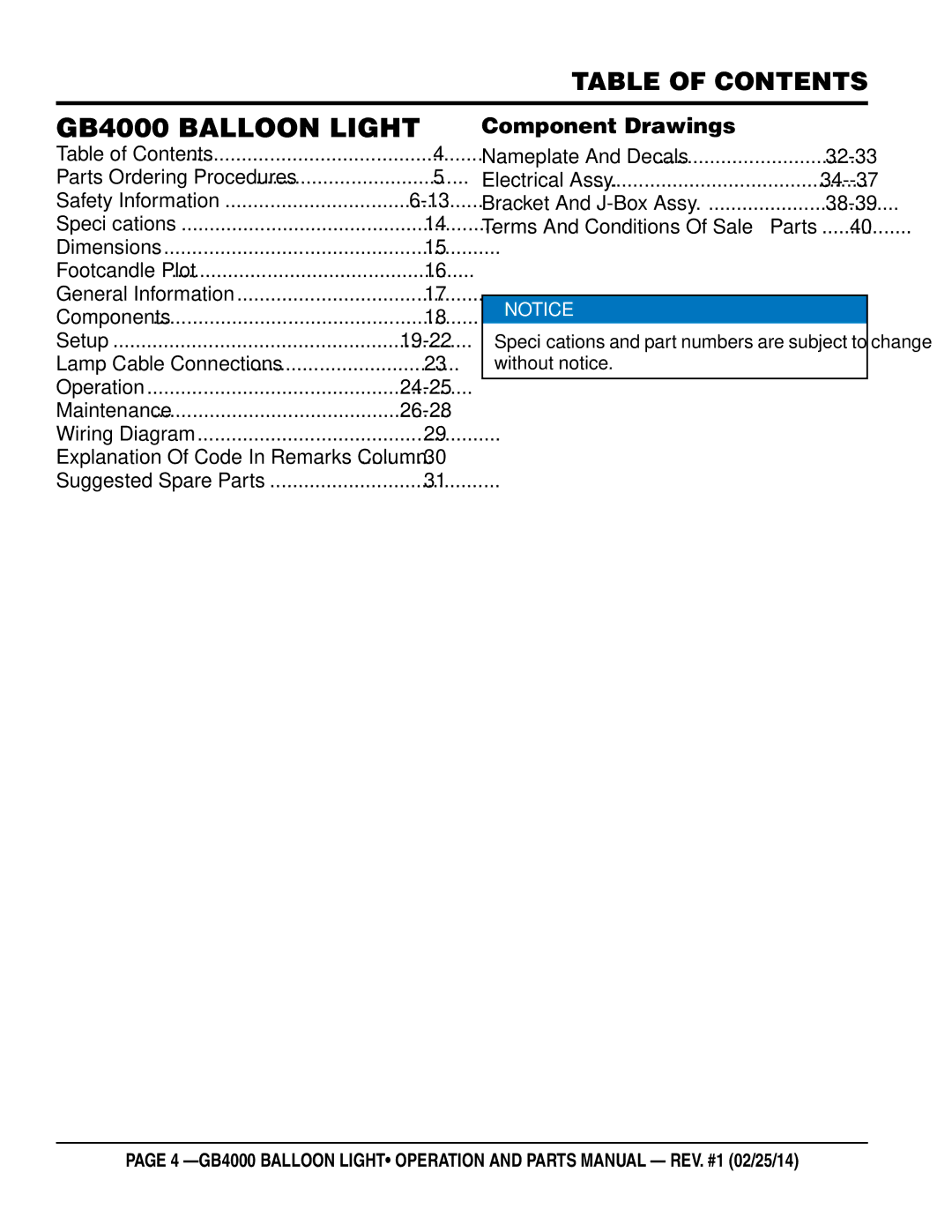 Multiquip manual GB4000 Balloon Light, Table of Contents 