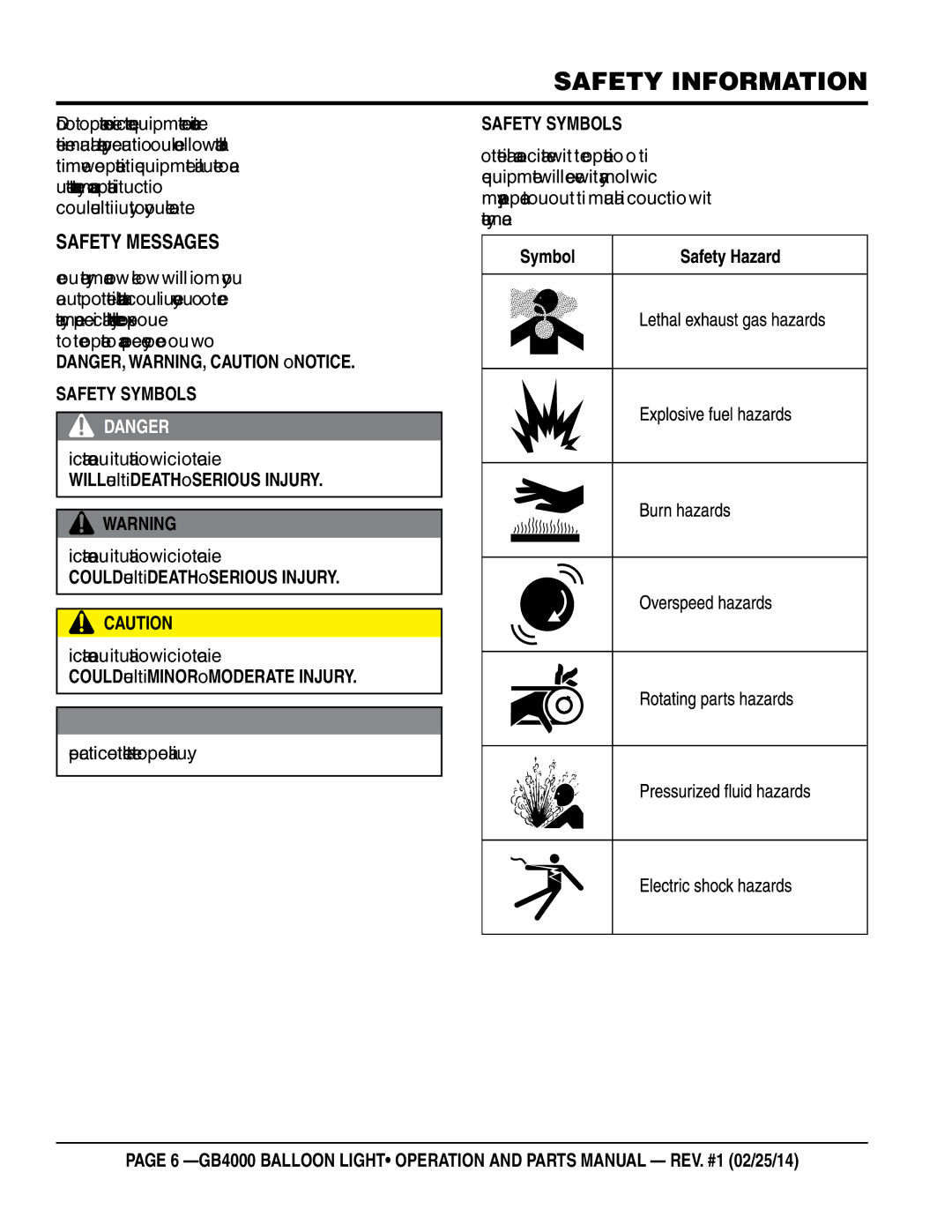 Multiquip GB4000 manual Safety Information, Safety Messages, Safety Symbols 