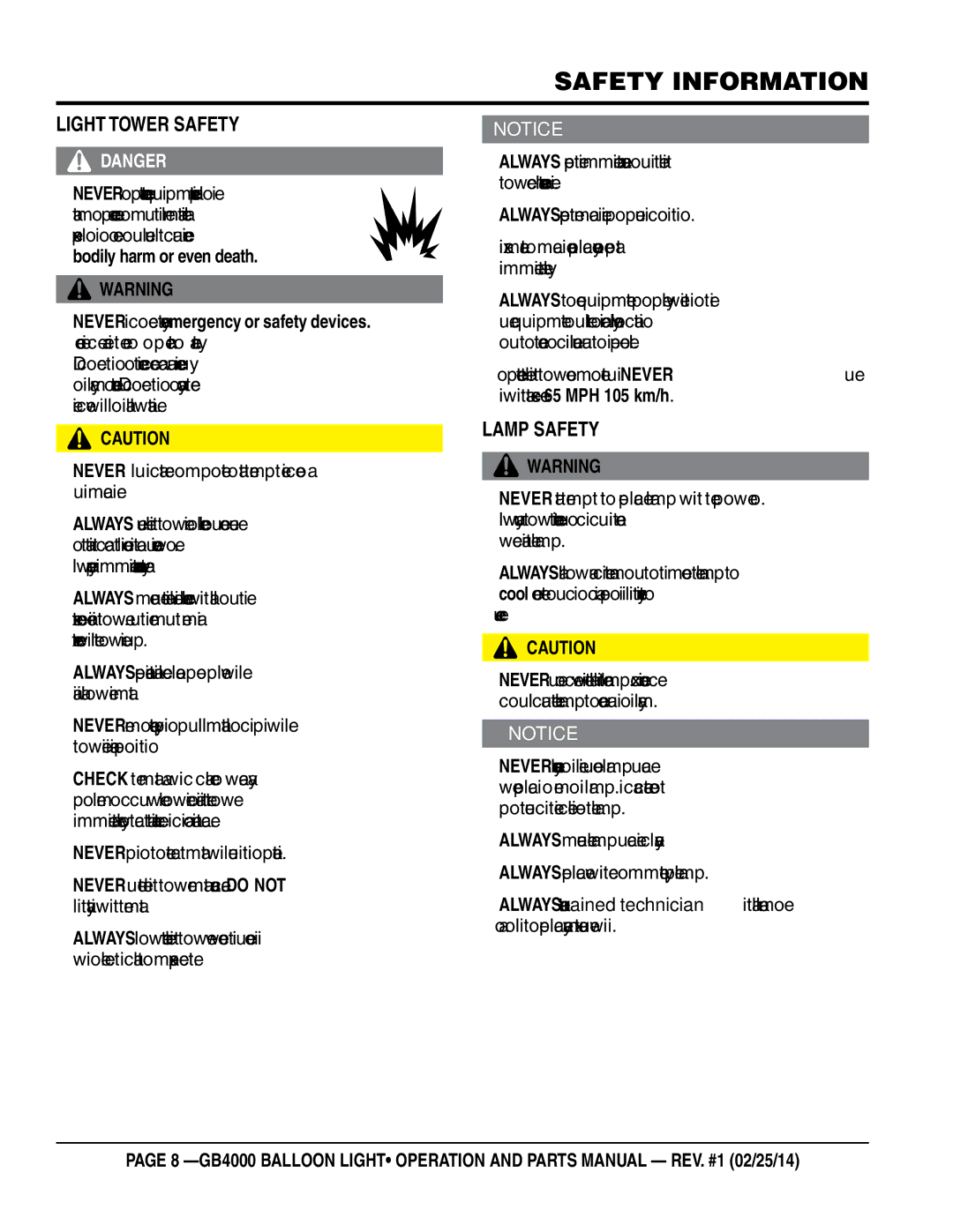 Multiquip GB4000 manual Light Tower Safety, Lamp Safety 