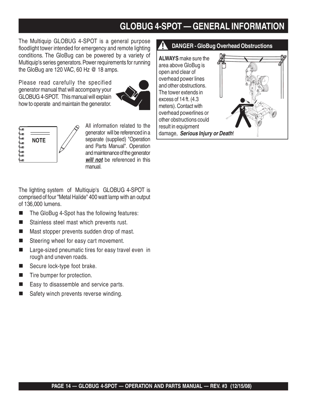 Multiquip gb43sc manual Globug 4-SPOT General Information 