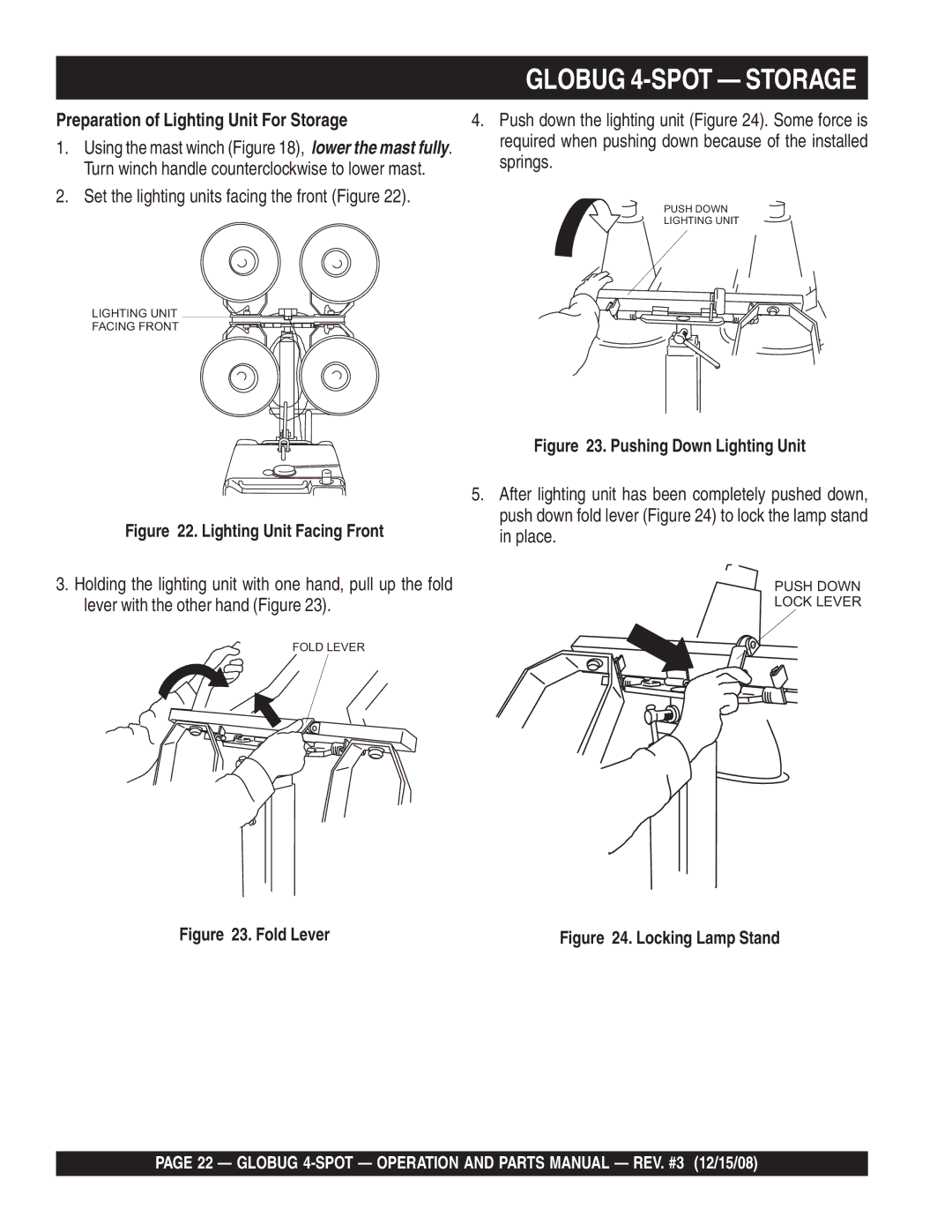 Multiquip gb43sc manual Globug 4-SPOT Storage, Preparation of Lighting Unit For Storage 