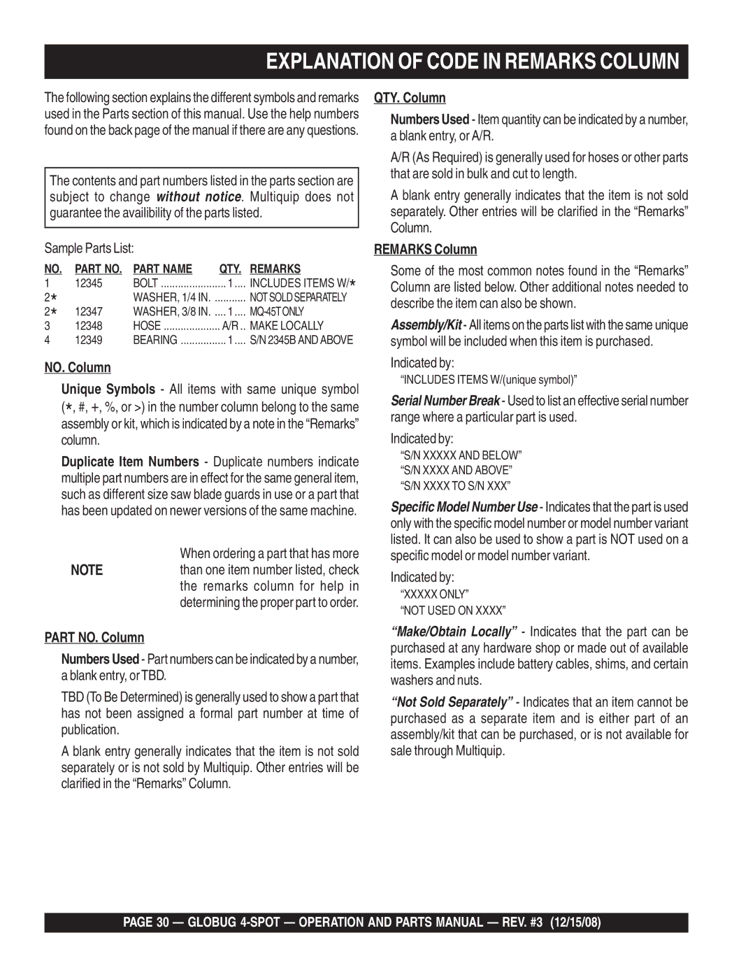 Multiquip gb43sc manual Explanation of Code in Remarks Column, Sample Parts List 