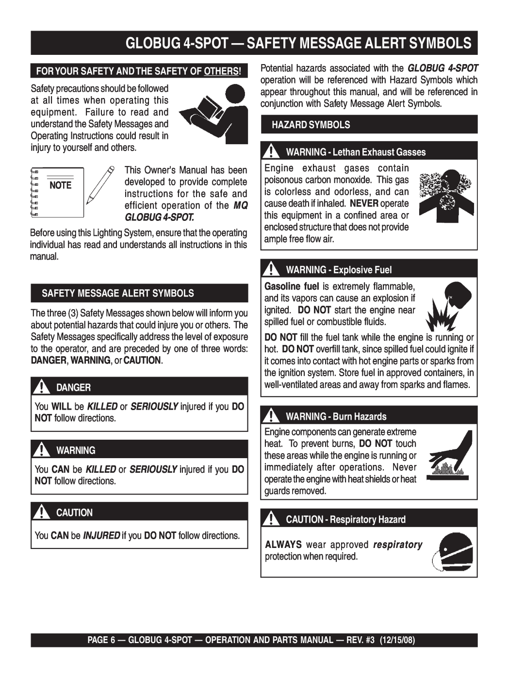 Multiquip gb43sc manual GLOBUG 4-SPOT - SAFETY MESSAGE ALERT SYMBOLS, Safety Message Alert Symbols, Danger 
