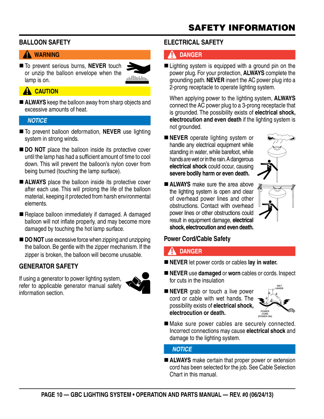 Multiquip GBC manual Balloon saFety, Generator saFety, EleCtriCal saFety, Power Cord/Cable safety 