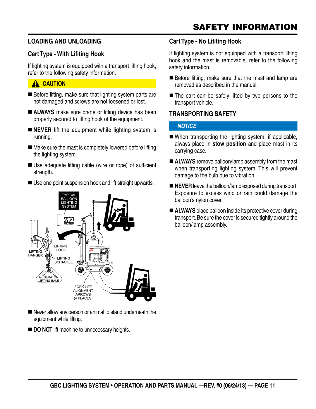 Multiquip GBC manual Cart type no lifiting hook, Transporting saFety 