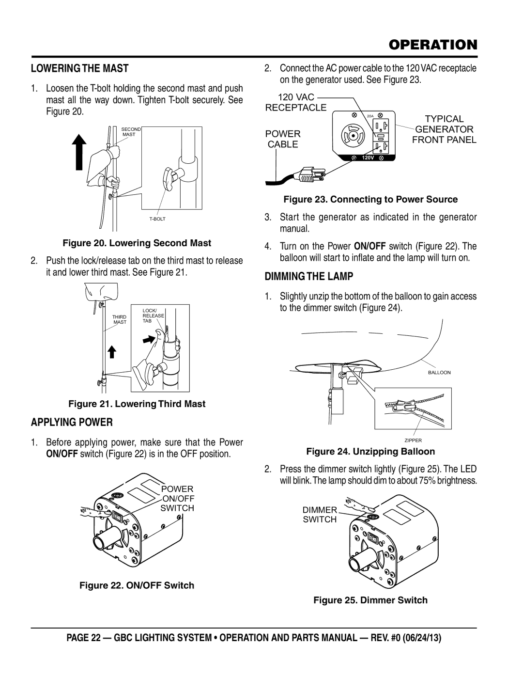 Multiquip GBC manual Lowering the Mast, Dimming the Lamp, Applying Power 