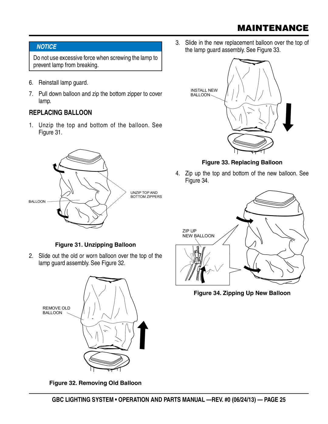 Multiquip GBC manual Replacing Balloon, Unzip the top and bottom of the balloon. See Figure 