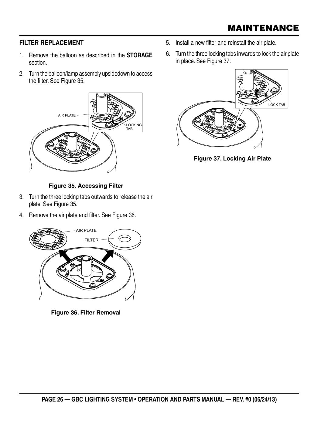 Multiquip GBC manual Filter replacement, Locking Air Plate 