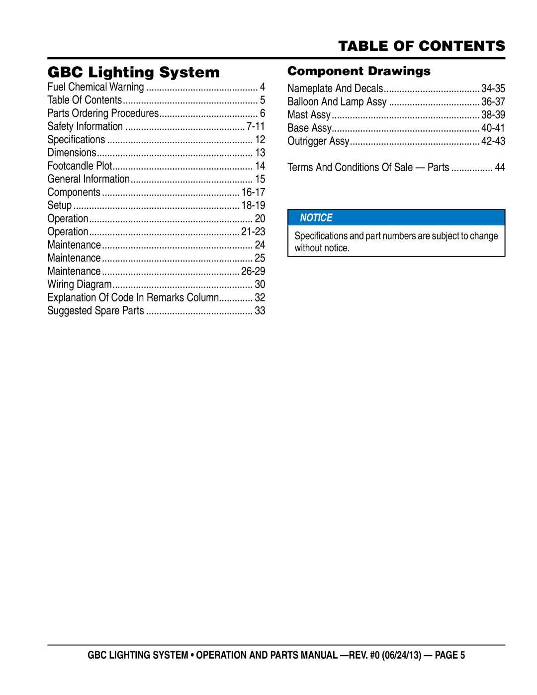 Multiquip manual GBC Lighting System, Table of Contents 