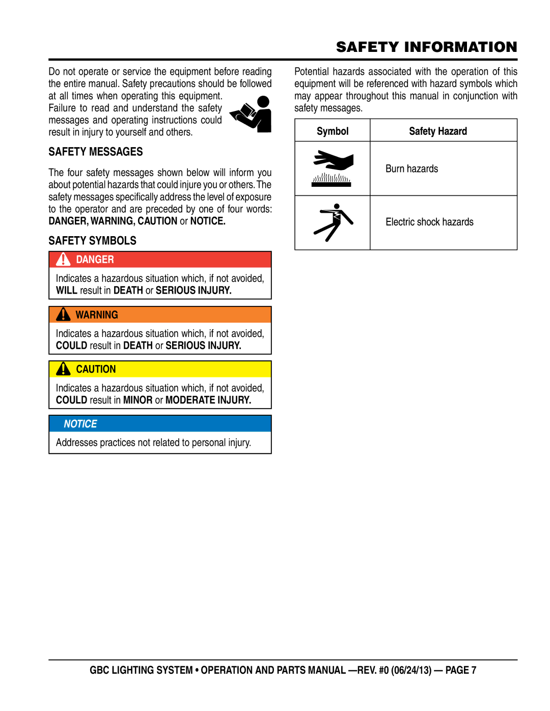 Multiquip GBC manual Safety Information, SaFety messages, SaFety symBols 