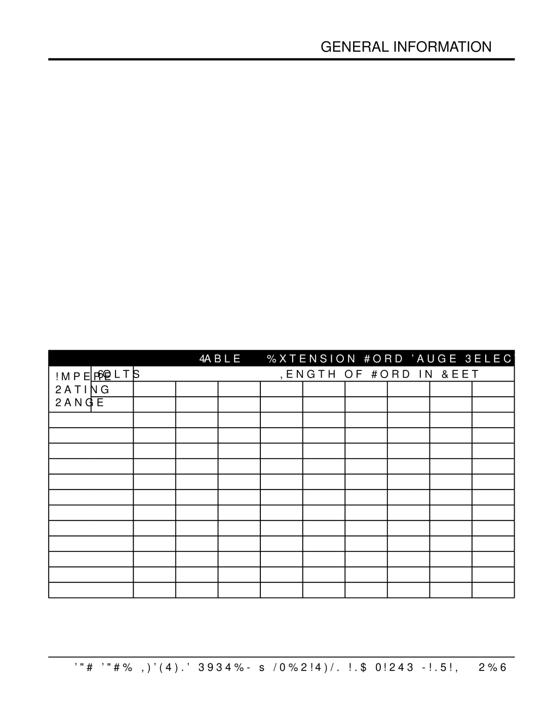 Multiquip gbe/gbce manual General information, Extension Cord Gauge Selection 