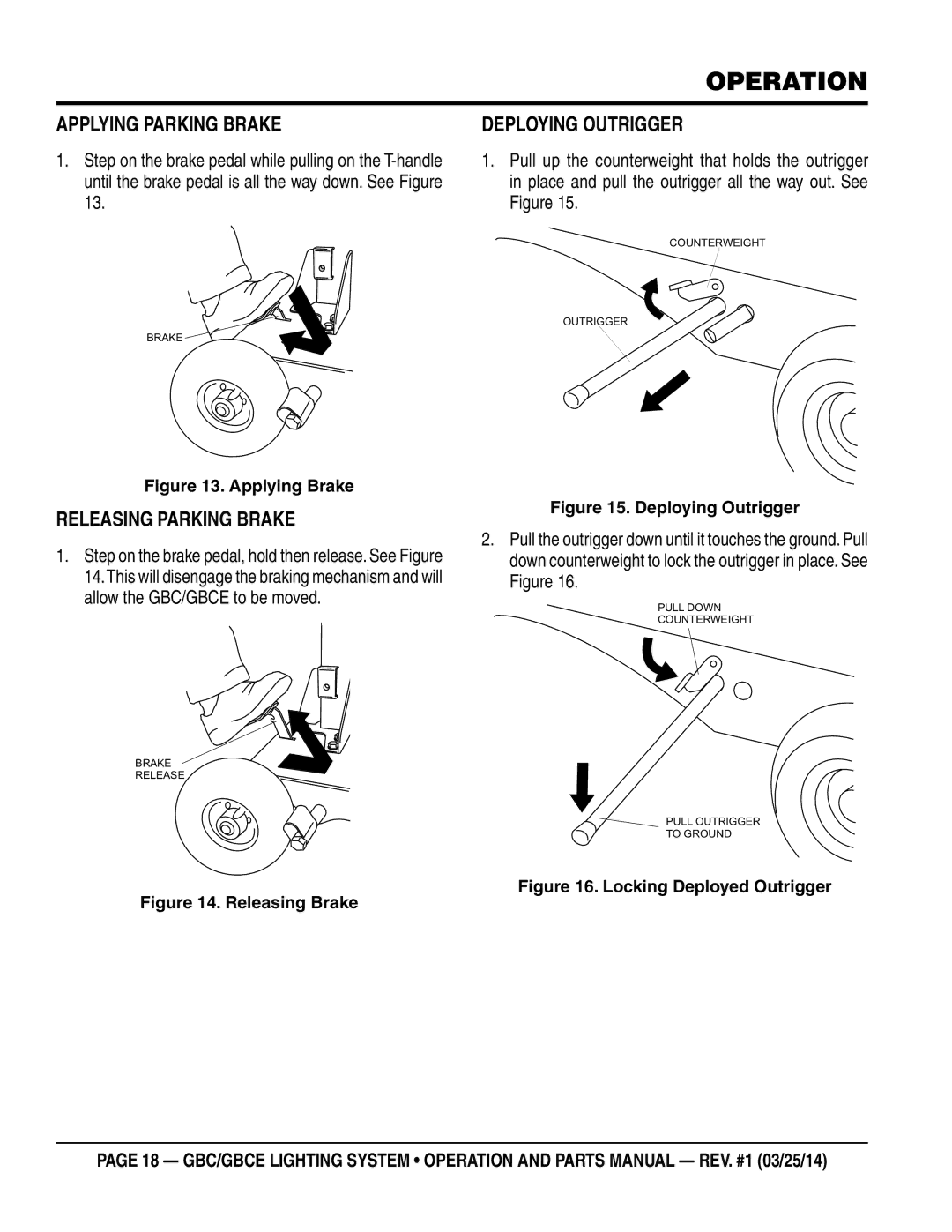 Multiquip gbe/gbce manual Operation, Applying Parking Brake, Releasing Parking Brake, Deploying outrigger 