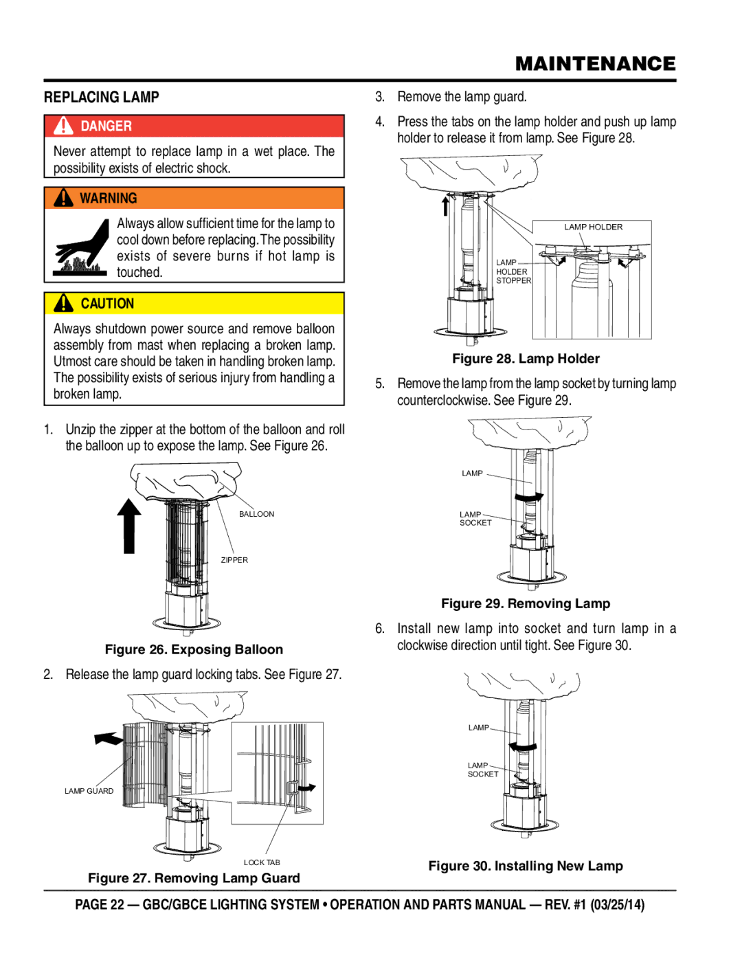 Multiquip gbe/gbce manual Maintenance, Replacing Lamp, Remove the lamp guard 