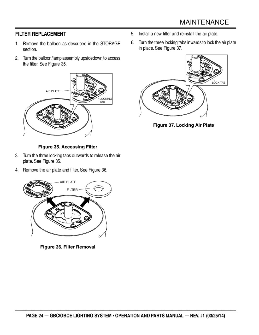 Multiquip gbe/gbce manual Filter replacement, Locking Air Plate 