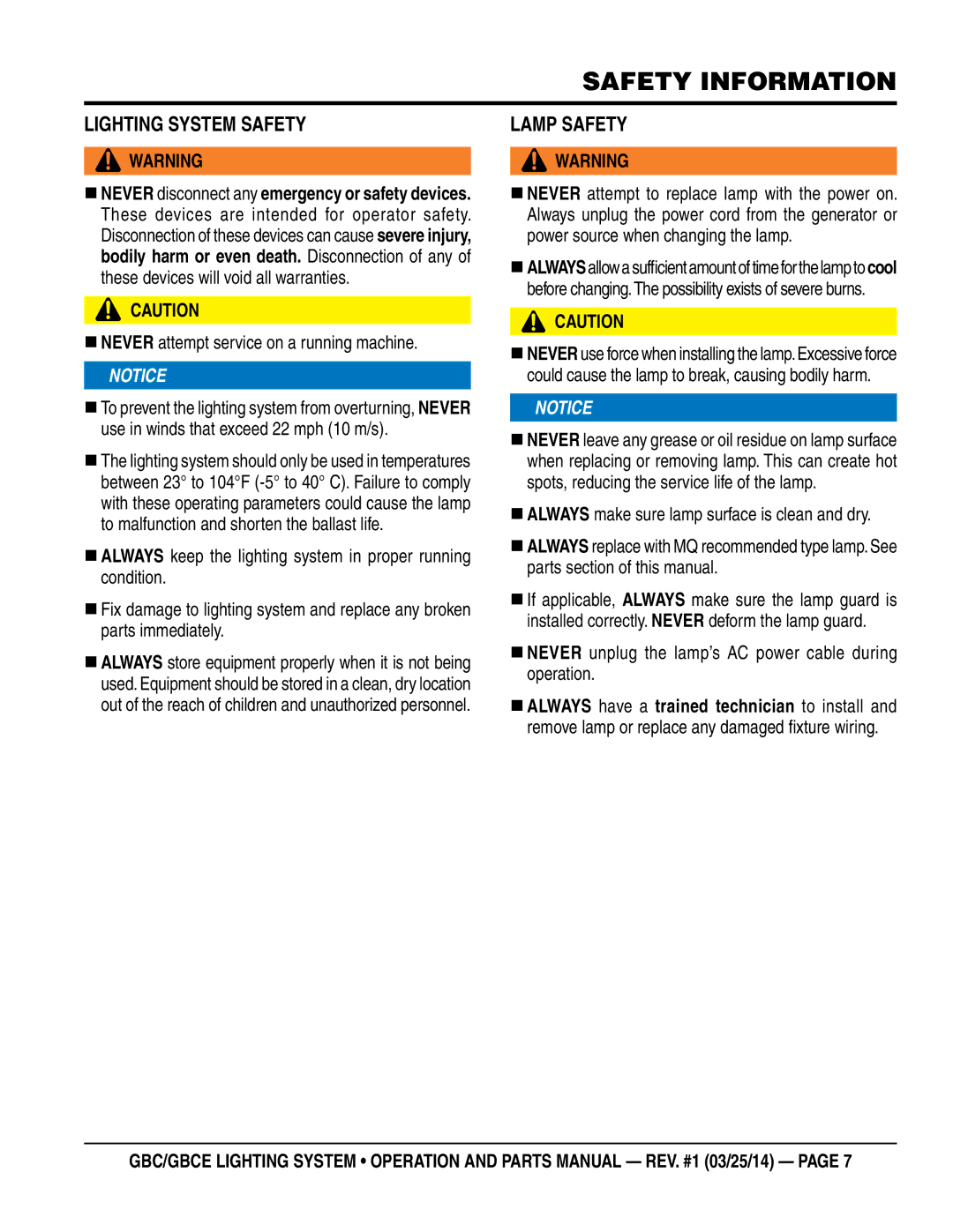 Multiquip gbe/gbce manual Lighting system saFety, Lamp saFety,  never attempt service on a running machine 