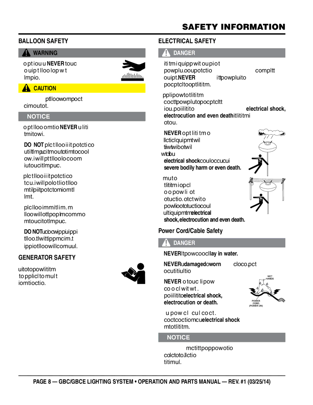 Multiquip gbe/gbce manual Balloon saFety, Generator saFety, EleCtriCal saFety, Power Cord/Cable safety 