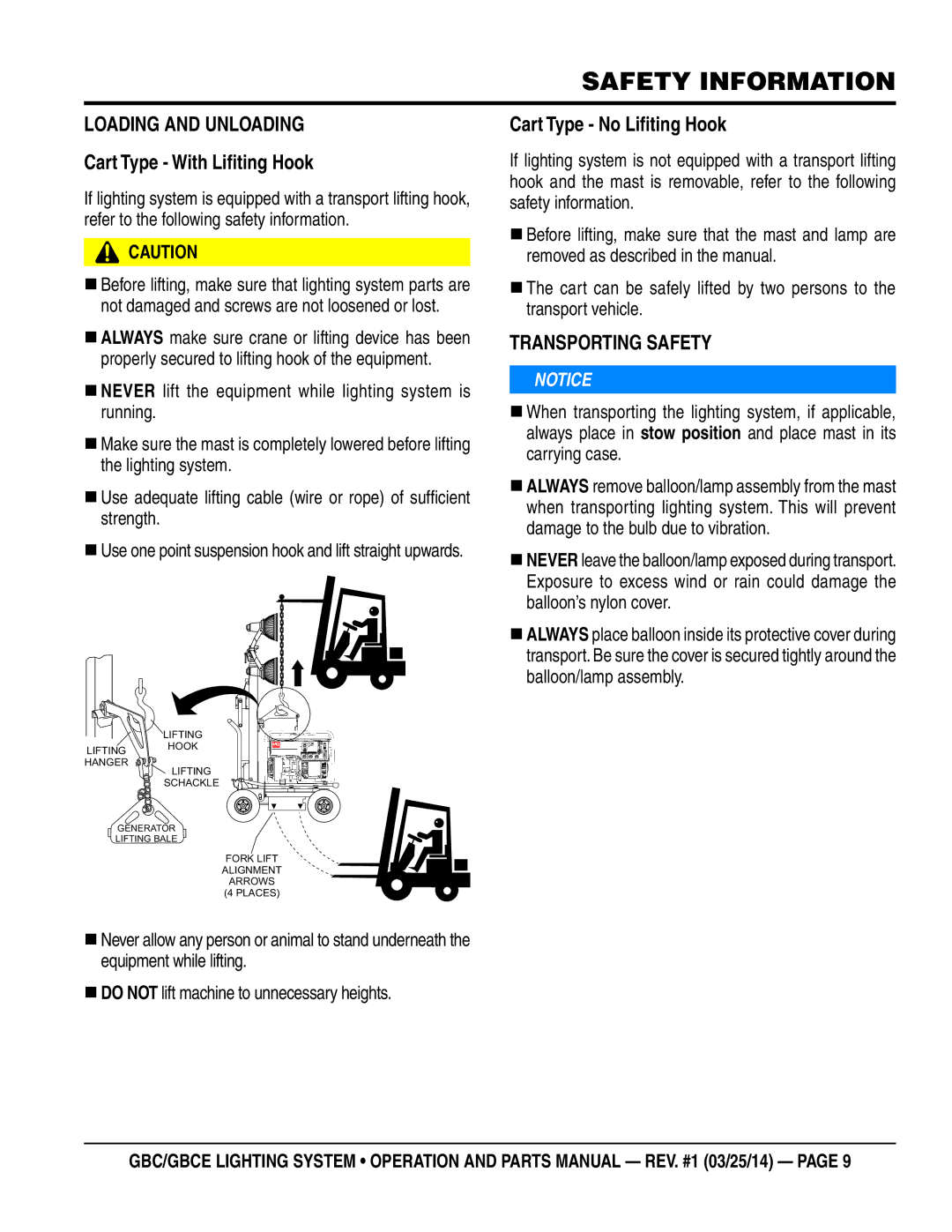 Multiquip gbe/gbce Loading and Unloading, Cart Type With Liﬁting Hook, Cart Type No Liﬁting Hook, Transporting Safety 