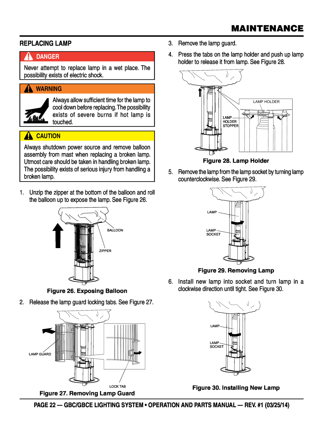 Multiquip gbe/gbce manual maintenance, Replacing Lamp, Caution, Danger 