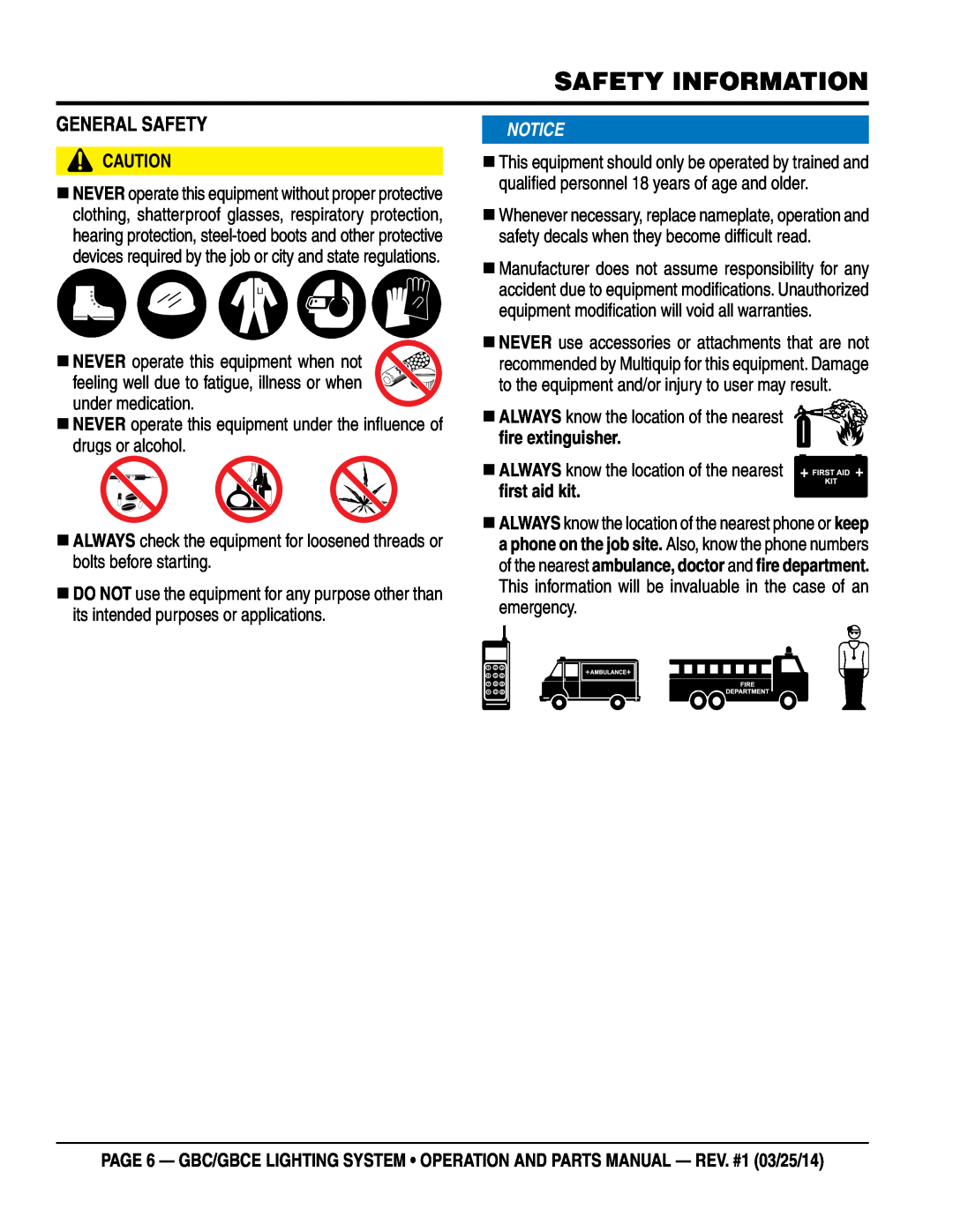 Multiquip gbe/gbce manual general saFety, Safety Information,  ALWAYS know the location of the nearest fire extinguisher 