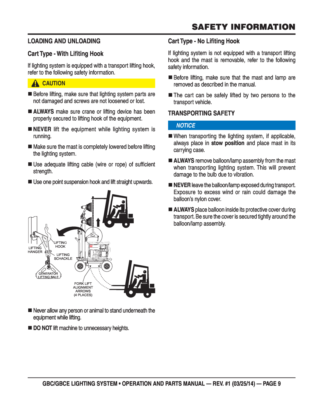 Multiquip gbe/gbce Safety Information, LOADING AND UNLOADING Cart Type - With Liﬁting Hook, Cart Type - No Liﬁting Hook 
