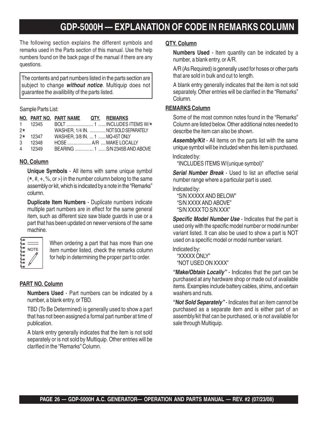 Multiquip GBP5000H manual GDP-5000H Explanation of Code in Remarks Column, Part NO. Column, QTY. Column 