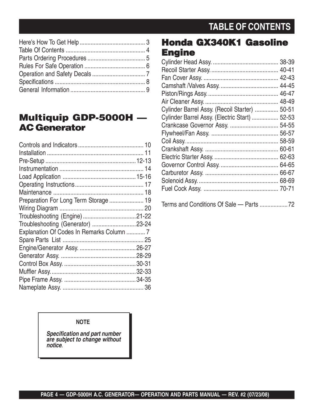 Multiquip GBP5000H manual Table of Contents 