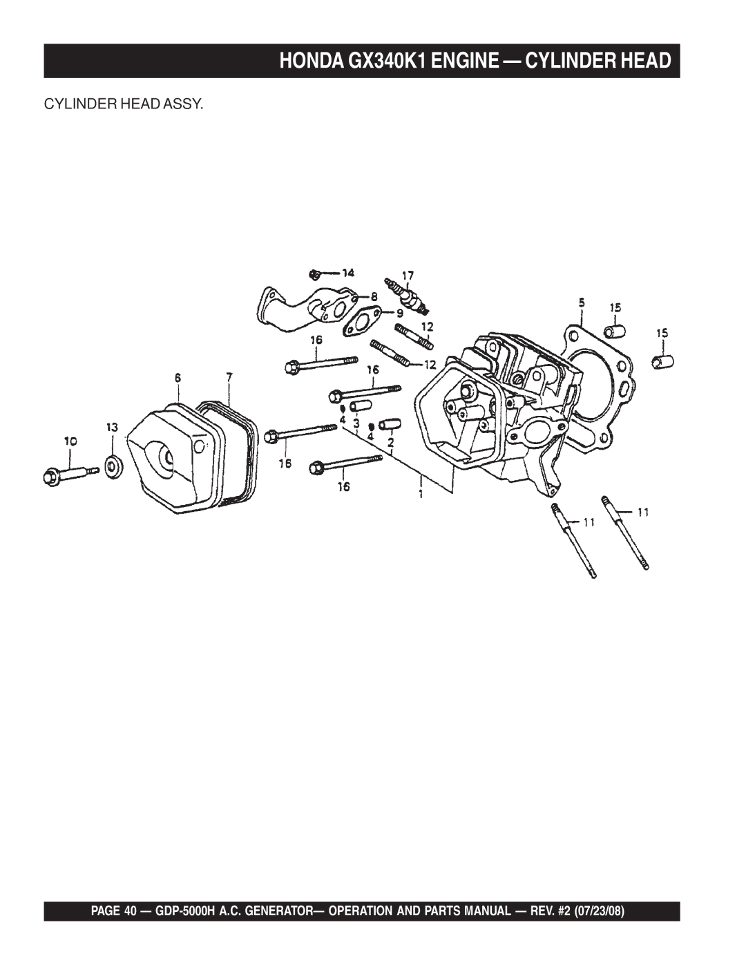 Multiquip GBP5000H manual Honda GX340K1 Engine Cylinder Head 