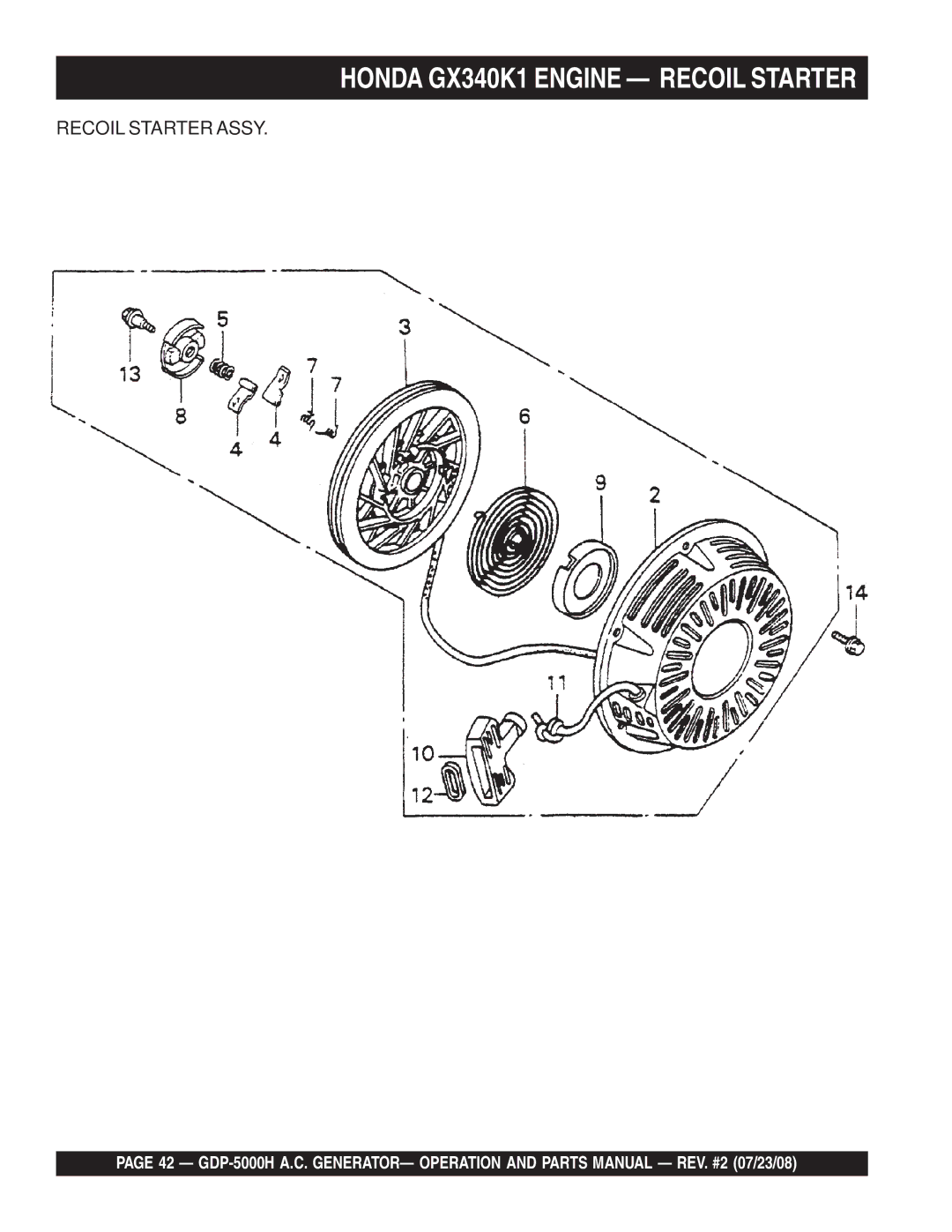 Multiquip GBP5000H manual Honda GX340K1 Engine Recoil Starter 