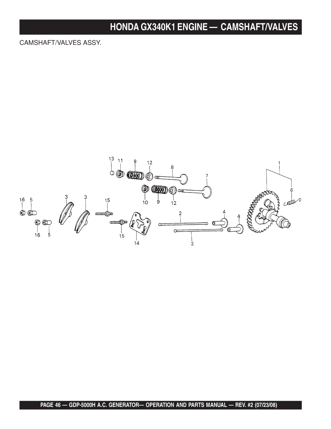 Multiquip GBP5000H manual Honda GX340K1 Engine CAMSHAFT/VALVES 