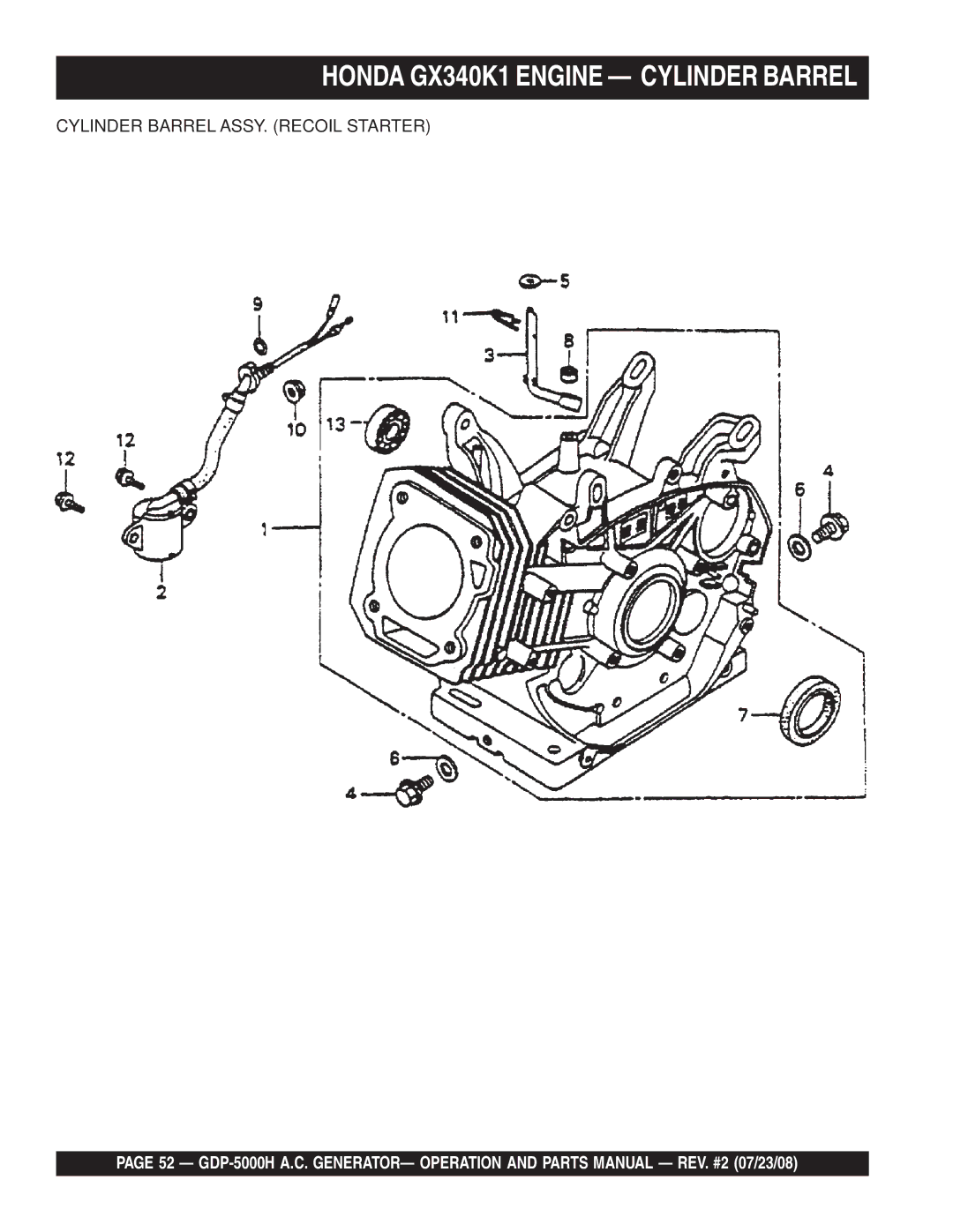 Multiquip GBP5000H manual Honda GX340K1 Engine Cylinder Barrel 