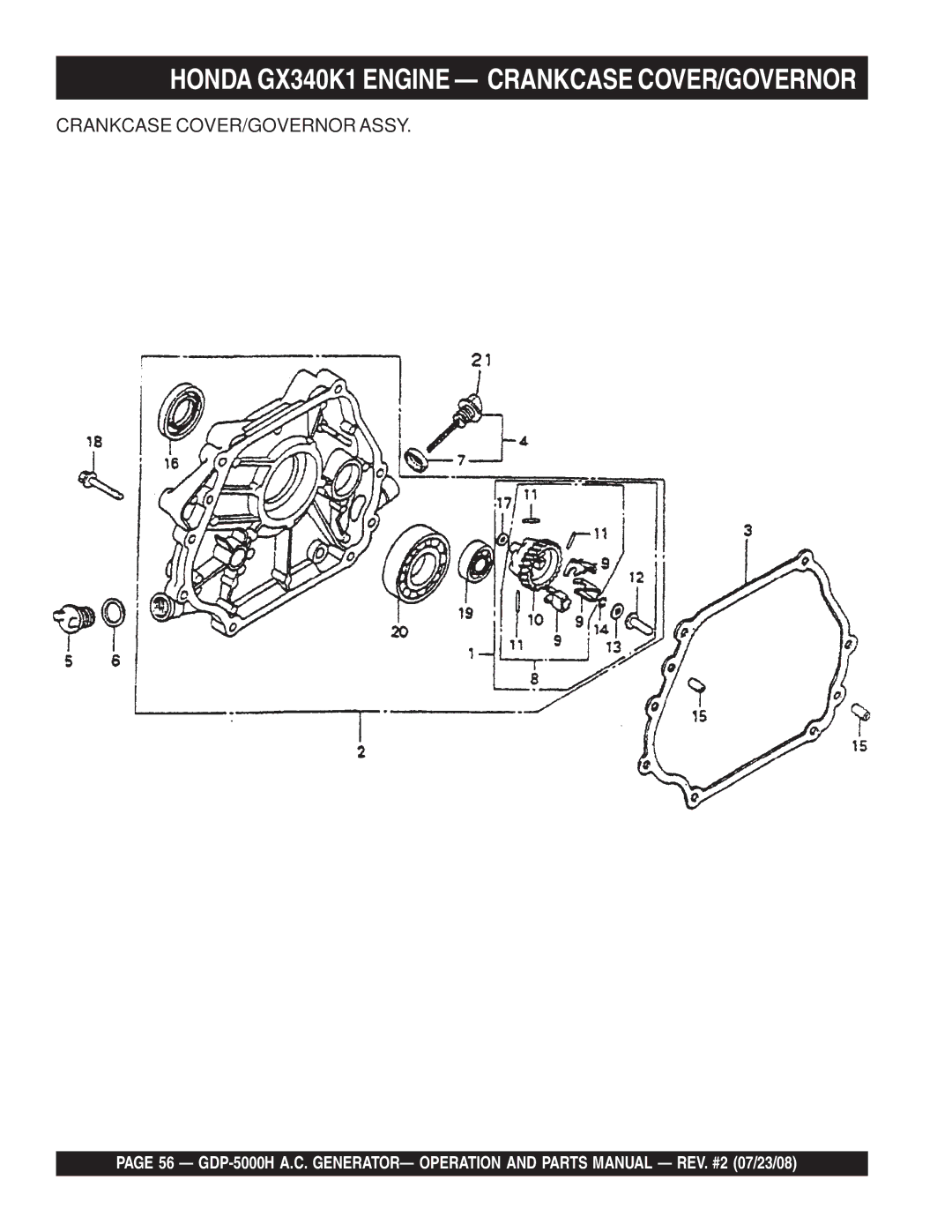 Multiquip GBP5000H manual Honda GX340K1 Engine Crankcase COVER/GOVERNOR 