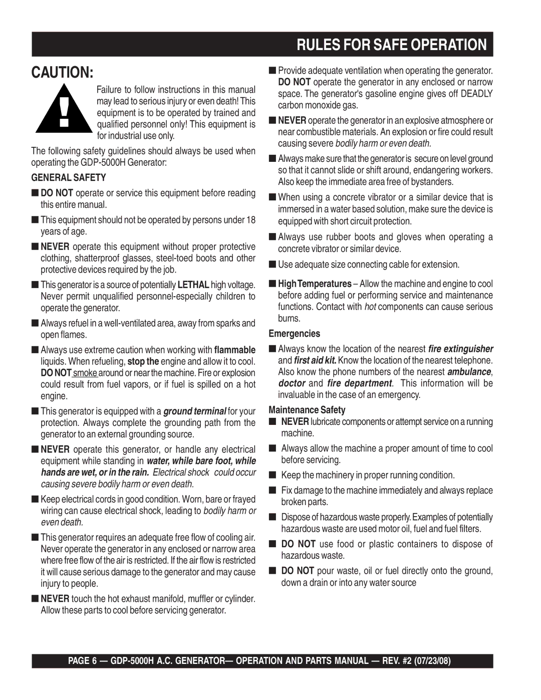 Multiquip GBP5000H manual Rules for Safe Operation, Emergencies, Maintenance Safety 